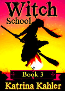 Silhouette of young witch flying on the broomstick against sunset